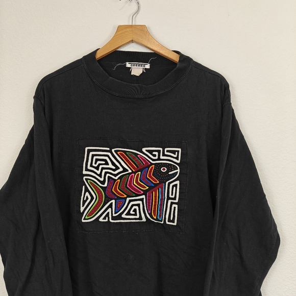 Vintage Mola Art Quilted Embroidered Long Sleeve Shirt Fish Print Size LG - Picture 3 of 11